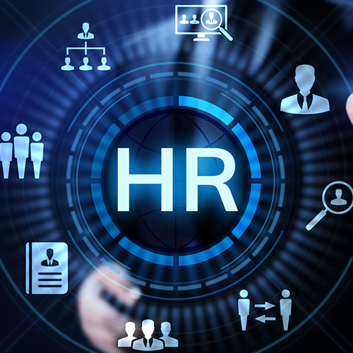 Digital HR file preparation concept with cloud-based HR and recruitment system icons